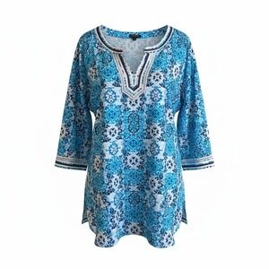 Talbots Tunic Top Plus Size 3X 3/4 Sleeves Cotton Blue White Navy Floral